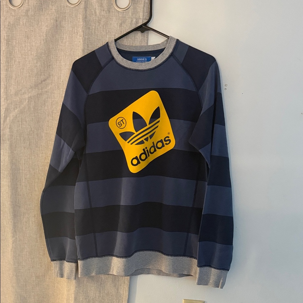 Adidas Men's Navy and Gray Striped Crewneck Sweater